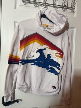 RARE Aviator Nation White Hoodie with Blue Wave and Sunset Stripe